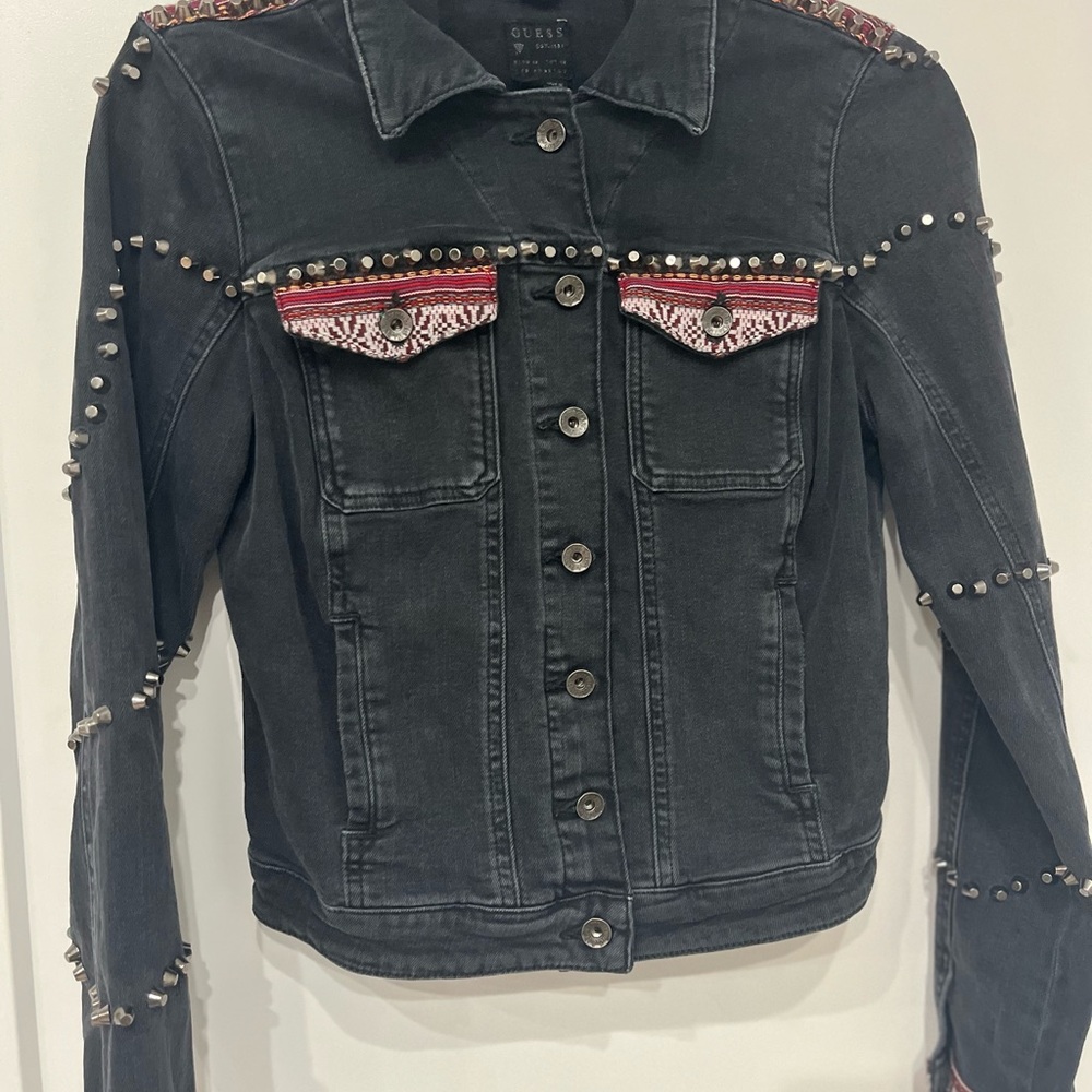 Guess Black Studded Denim Jean Jacket with Leather Fringe and Western Details - Picture 4 of 4